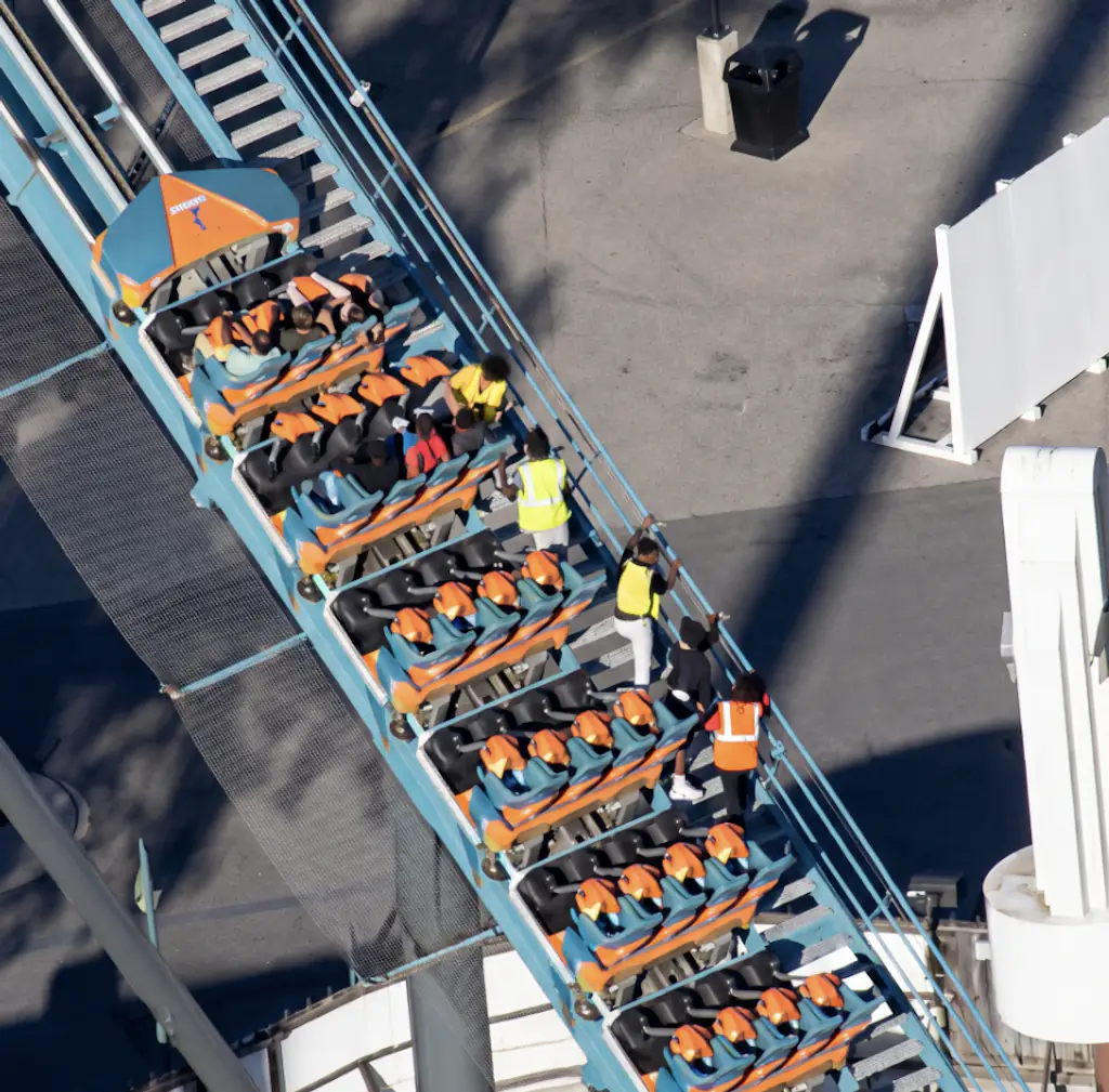 Passengers were pictured stuck on the Goliath ride at Six Flags Over Georgia. Credit: CBS Texas