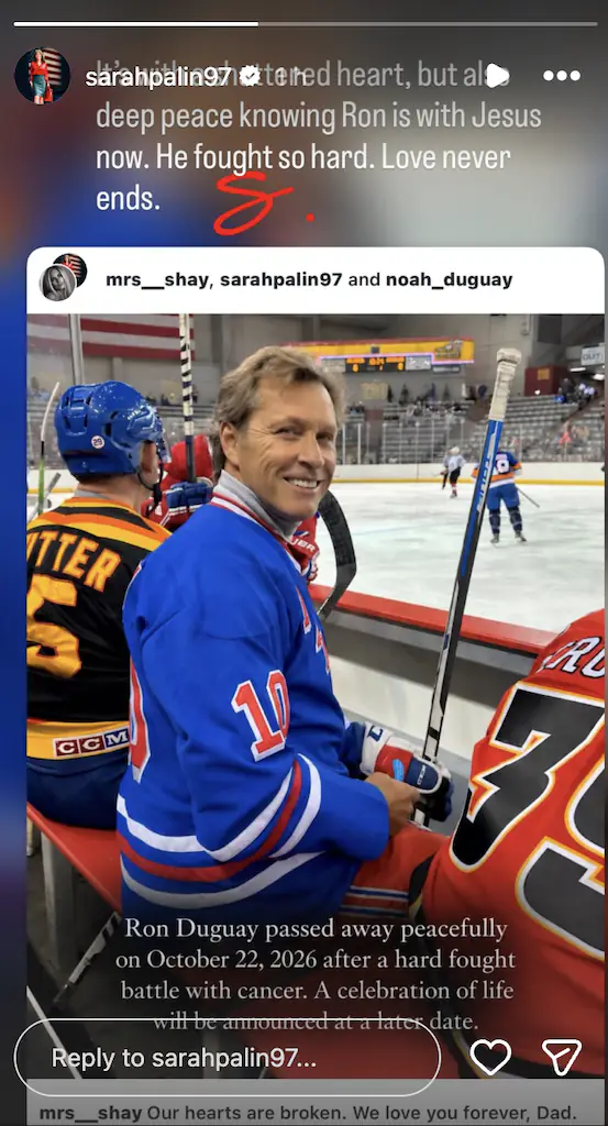 Sarah Palin reposted Duguay's daughter's post on her Instagram Story. Credit: Instagram Story